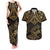 Black and Gold Polynesia Couples Matching Tank Maxi Dress and Hawaiian Shirt Plumeria Tattoo With Polynesian Pattern