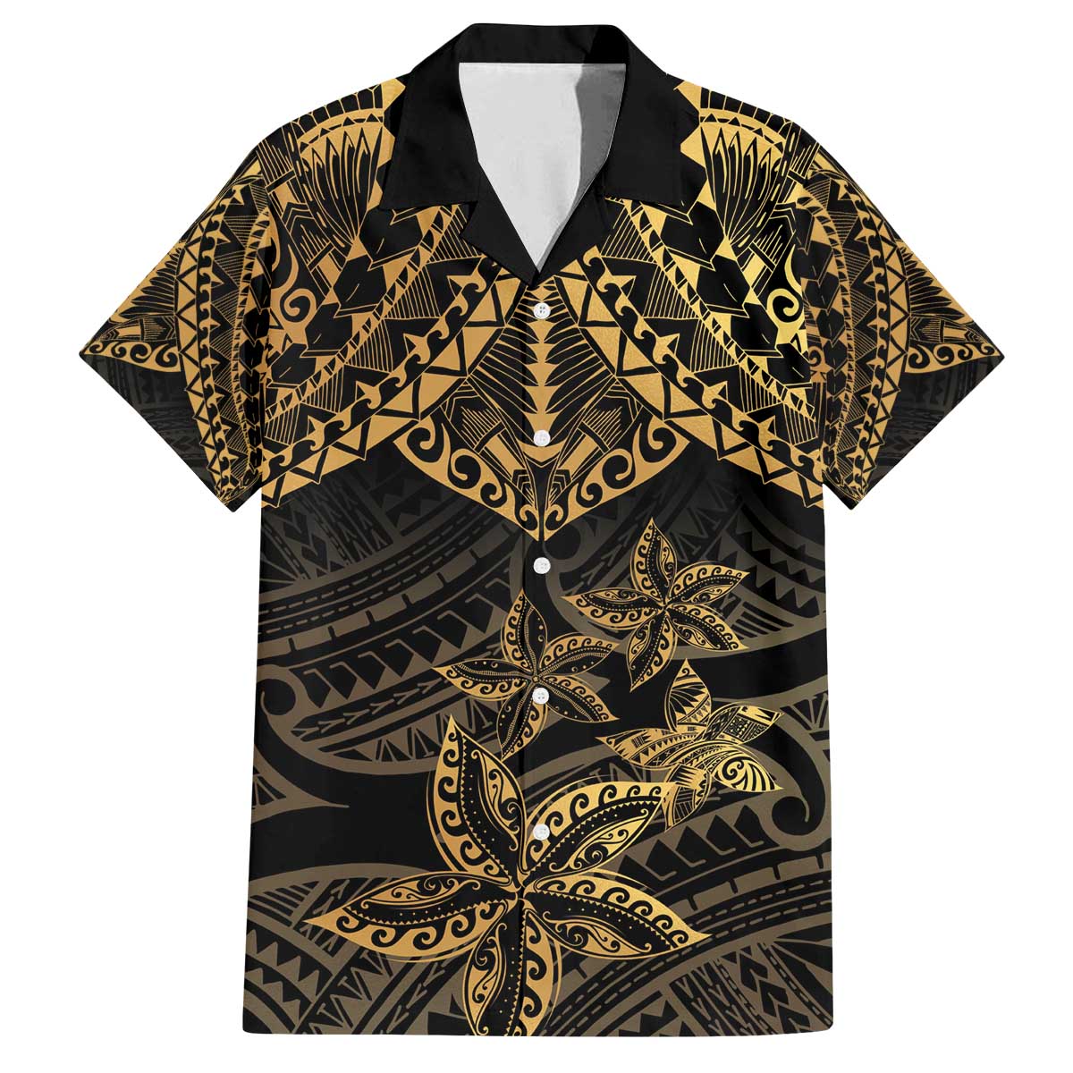 Black and Gold Polynesia Family Matching Off Shoulder Short Dress and Hawaiian Shirt Plumeria Tattoo With Polynesian Pattern