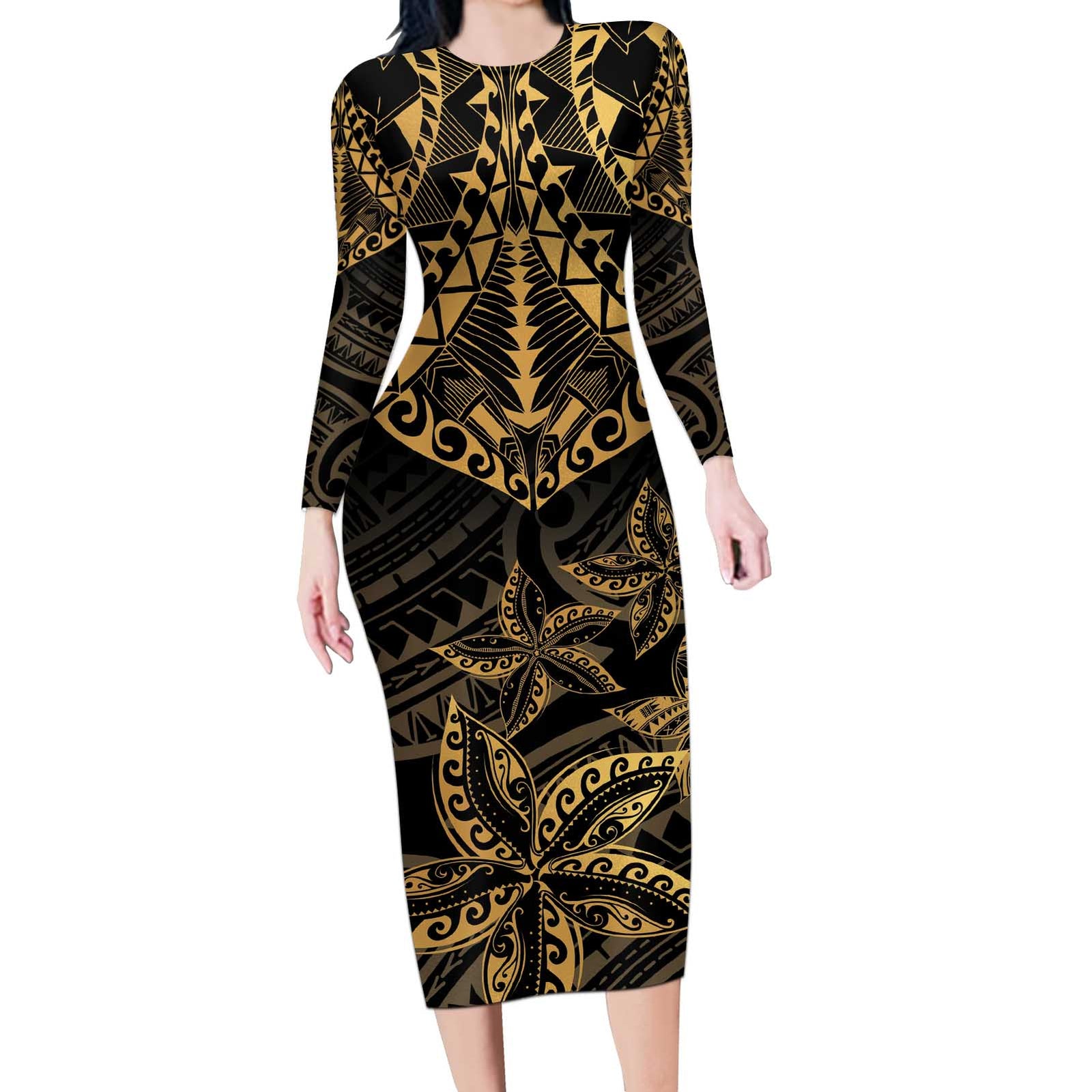 Black and Gold Polynesia Long Sleeve Bodycon Dress Plumeria Tattoo With Polynesian Pattern LT14 Long Dress Black - Polynesian Pride