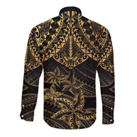 Black and Gold Polynesia Long Sleeve Button Shirt Plumeria Tattoo With Polynesian Pattern
