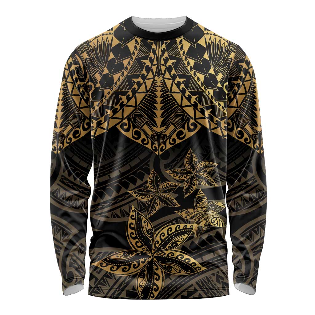 Black and Gold Polynesia Long Sleeve Shirt Plumeria Tattoo With Polynesian Pattern LT14 Unisex Black - Polynesian Pride