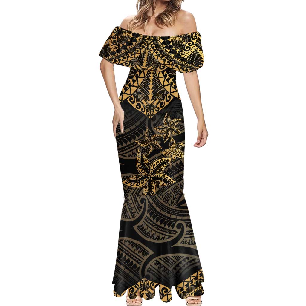 Black and Gold Polynesia Mermaid Dress Plumeria Tattoo With Polynesian Pattern LT14 - Polynesian Pride