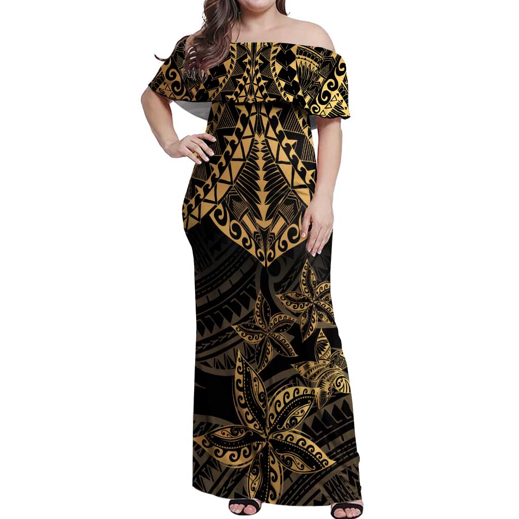 Black and Gold Polynesia Off Shoulder Maxi Dress Plumeria Tattoo With Polynesian Pattern LT14 Women Black - Polynesian Pride
