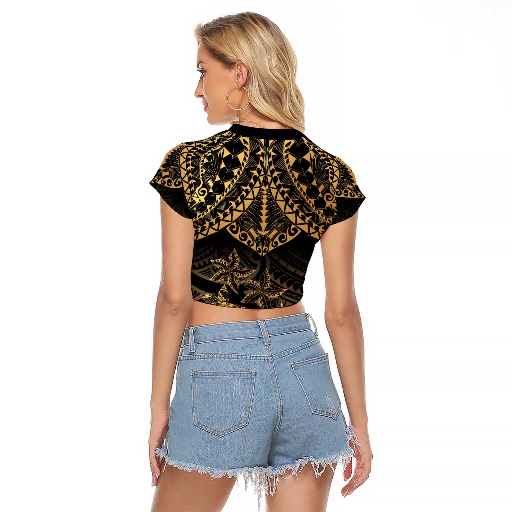 Black and Gold Polynesia Raglan Cropped T Shirt Plumeria Tattoo With Polynesian Pattern