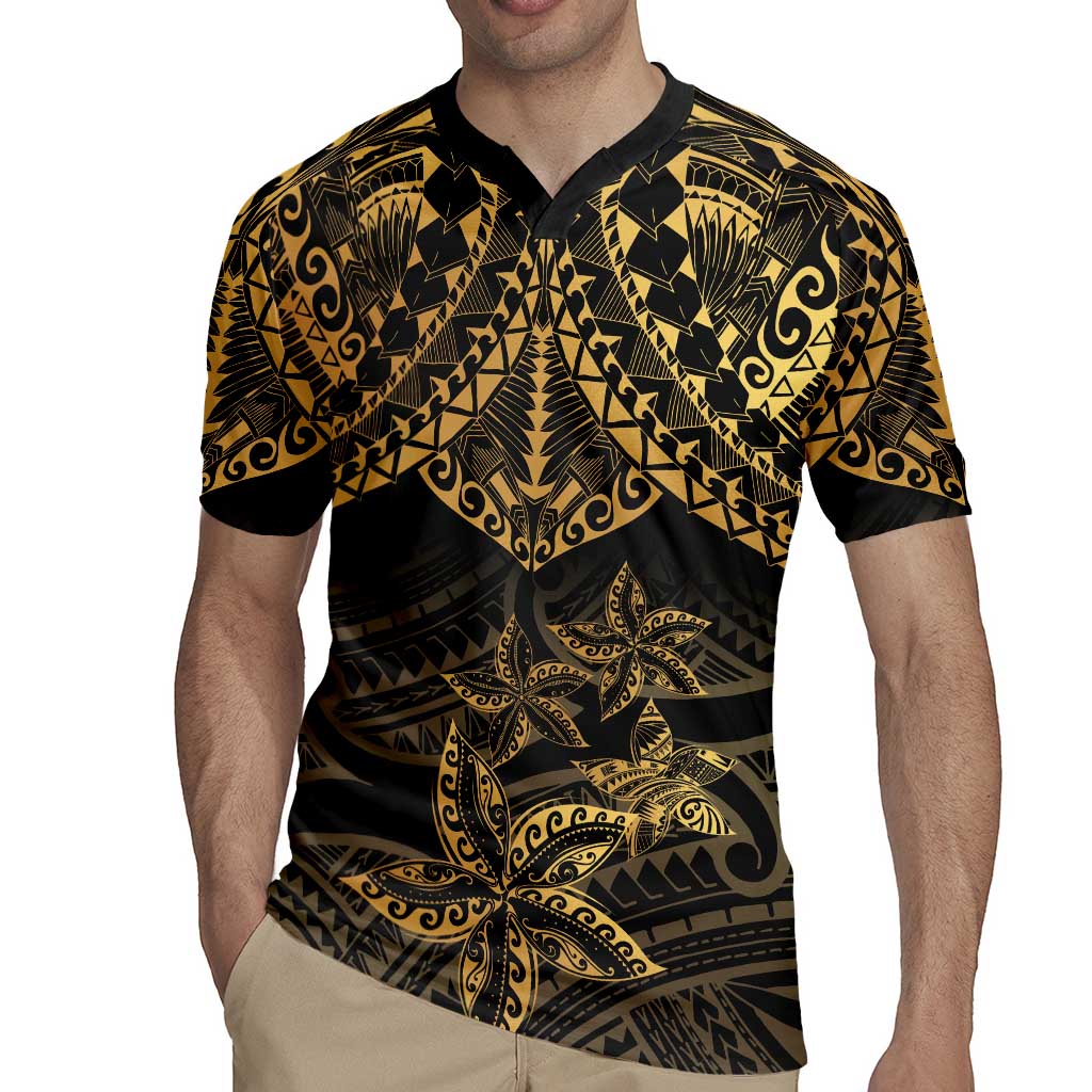 Black and Gold Polynesia Rugby Jersey Plumeria Tattoo With Polynesian Pattern