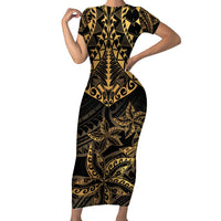 Black and Gold Polynesia Short Sleeve Bodycon Dress Plumeria Tattoo With Polynesian Pattern LT14 Long Dress Black - Polynesian Pride
