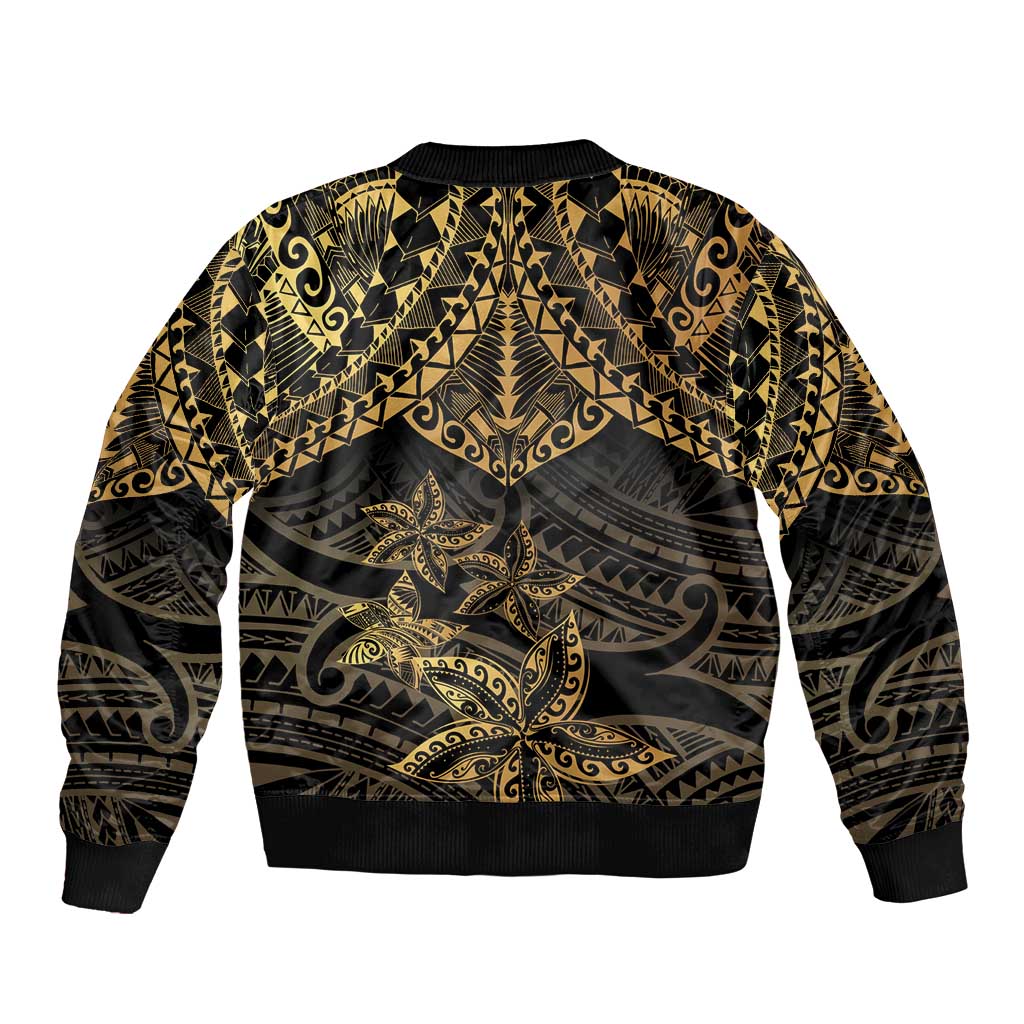 Black and Gold Polynesia Sleeve Zip Bomber Jacket Plumeria Tattoo With Polynesian Pattern