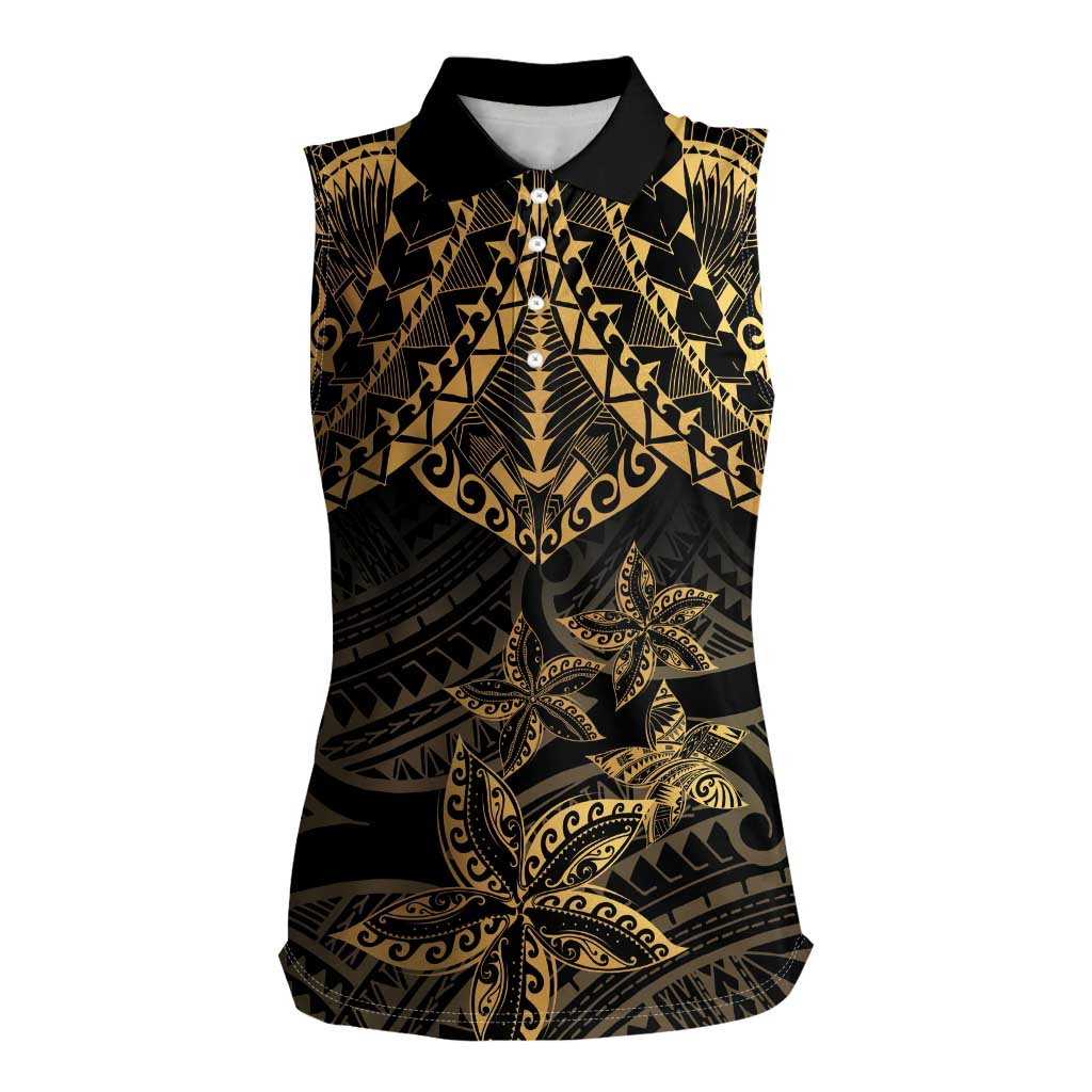 Black and Gold Polynesia Women Sleeveless Polo Shirt Plumeria Tattoo With Polynesian Pattern