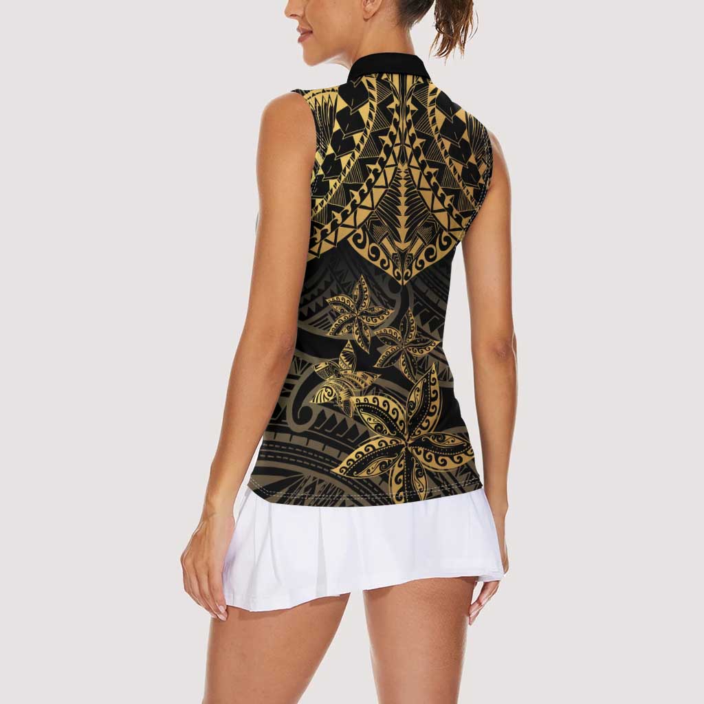 Black and Gold Polynesia Women Sleeveless Polo Shirt Plumeria Tattoo With Polynesian Pattern