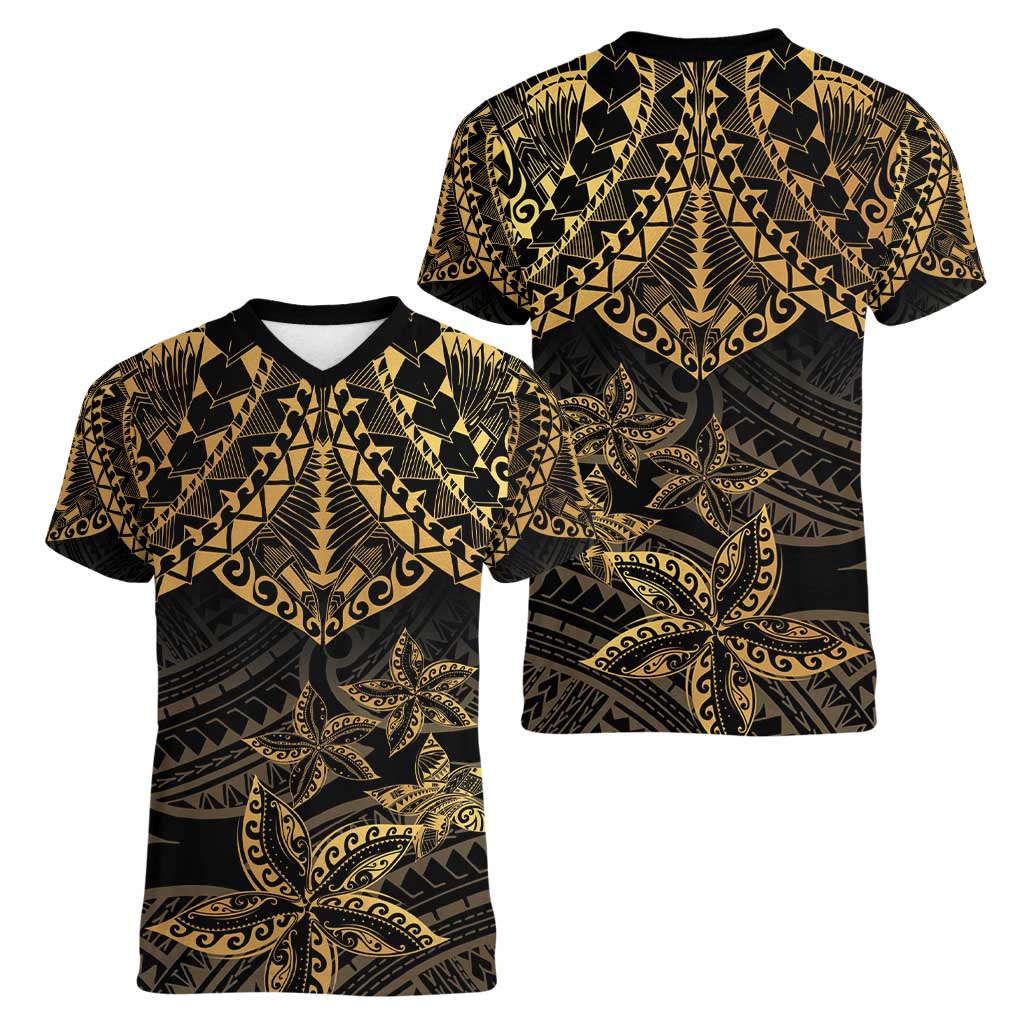 Black and Gold Polynesia Women V-Neck T-Shirt Plumeria Tattoo With Polynesian Pattern