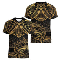 Black and Gold Polynesia Women V-Neck T-Shirt Plumeria Tattoo With Polynesian Pattern