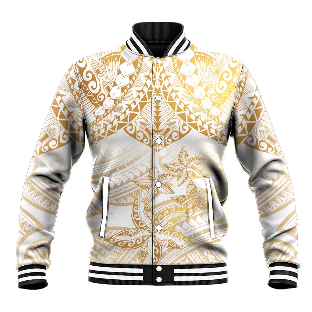 White and Gold Polynesia Baseball Jacket Plumeria Tattoo With Polynesian Pattern LT14 Unisex White - Polynesian Pride