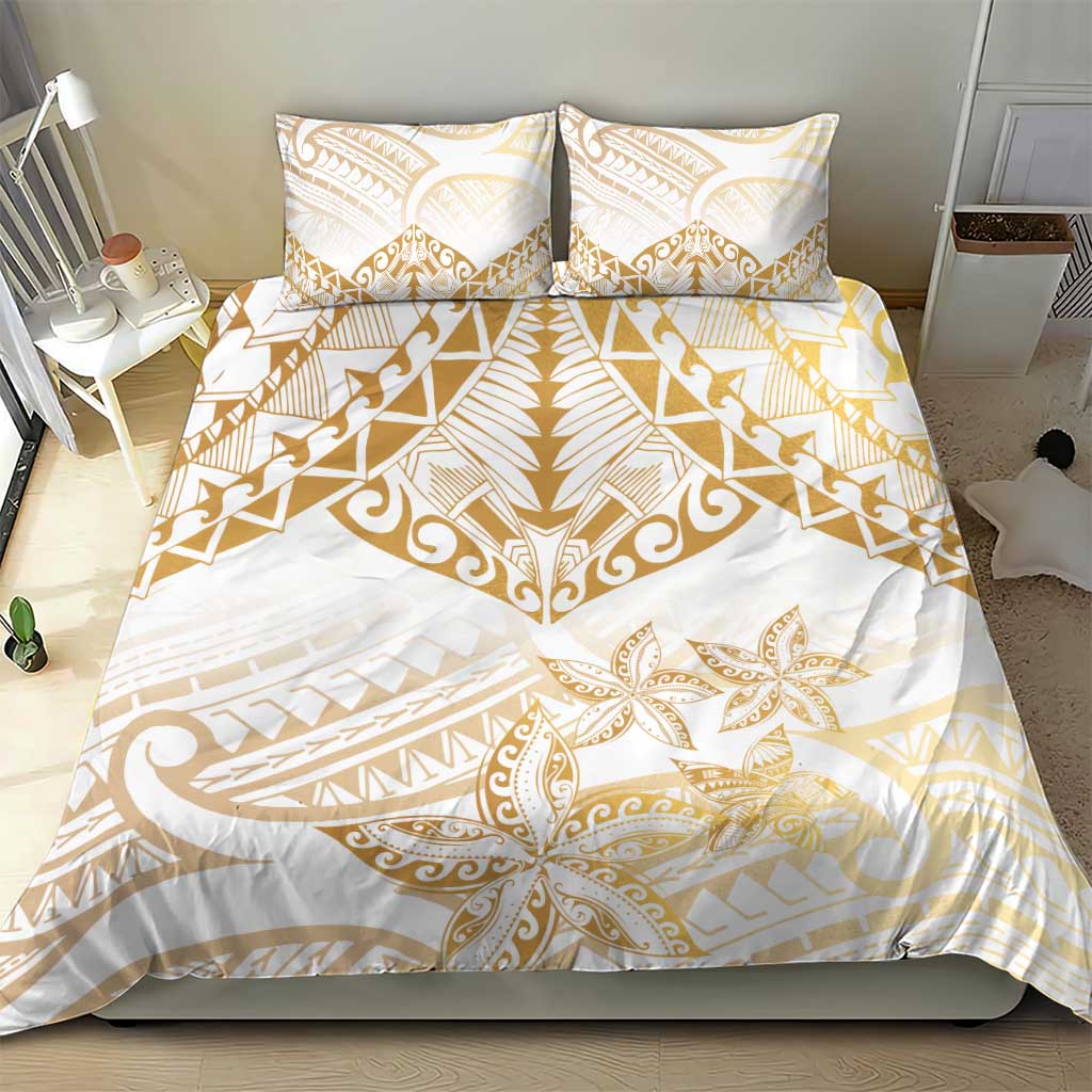 White and Gold Polynesia Bedding Set Plumeria Tattoo With Polynesian Pattern