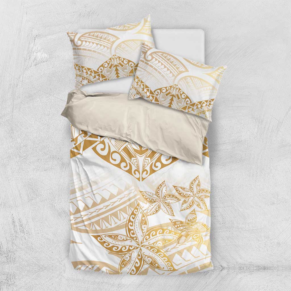 White and Gold Polynesia Bedding Set Plumeria Tattoo With Polynesian Pattern