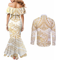 White and Gold Polynesia Couples Matching Mermaid Dress and Long Sleeve Button Shirt Plumeria Tattoo With Polynesian Pattern