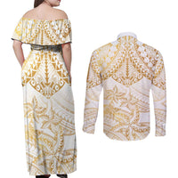 White and Gold Polynesia Couples Matching Off Shoulder Maxi Dress and Long Sleeve Button Shirt Plumeria Tattoo With Polynesian Pattern