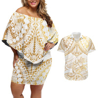 White and Gold Polynesia Couples Matching Off Shoulder Short Dress and Hawaiian Shirt Plumeria Tattoo With Polynesian Pattern