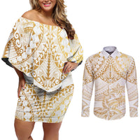 White and Gold Polynesia Couples Matching Off Shoulder Short Dress and Long Sleeve Button Shirt Plumeria Tattoo With Polynesian Pattern