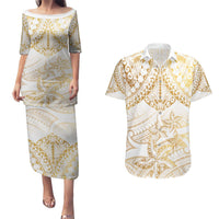 White and Gold Polynesia Couples Matching Puletasi and Hawaiian Shirt Plumeria Tattoo With Polynesian Pattern