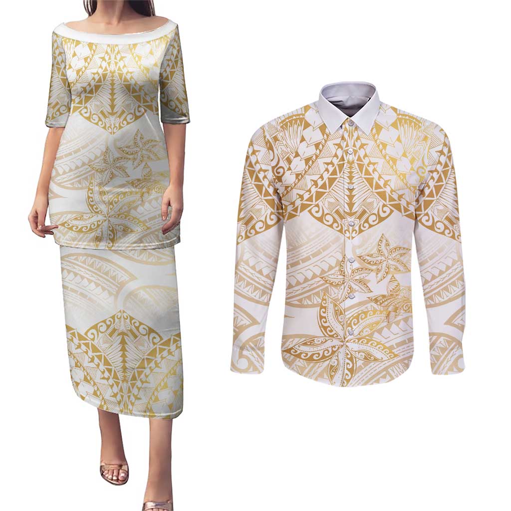 White and Gold Polynesia Couples Matching Puletasi and Long Sleeve Button Shirt Plumeria Tattoo With Polynesian Pattern