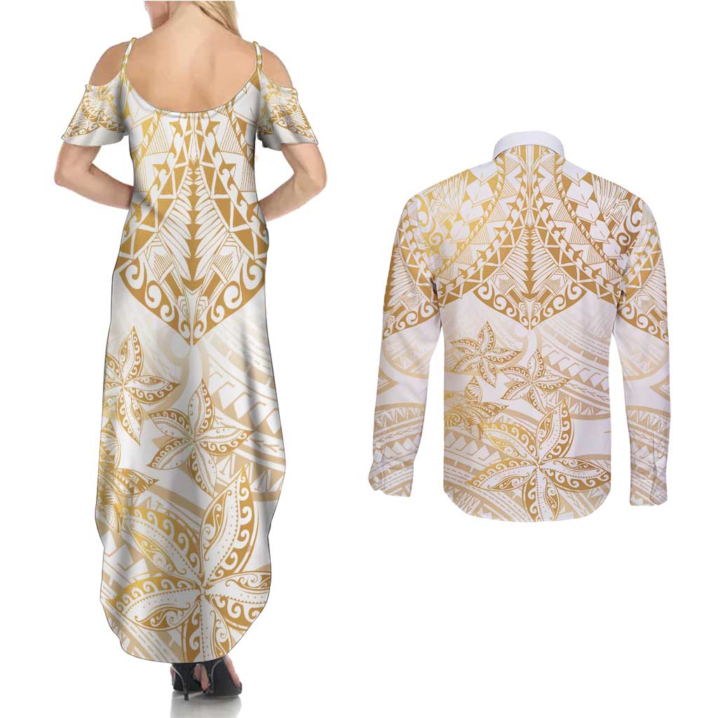 White and Gold Polynesia Couples Matching Summer Maxi Dress and Long Sleeve Button Shirt Plumeria Tattoo With Polynesian Pattern