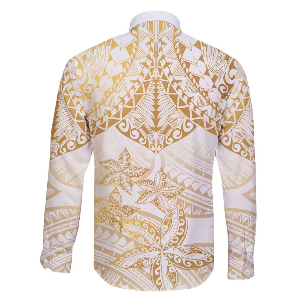 White and Gold Polynesia Family Matching Long Sleeve Bodycon Dress and Hawaiian Shirt Plumeria Tattoo With Polynesian Pattern