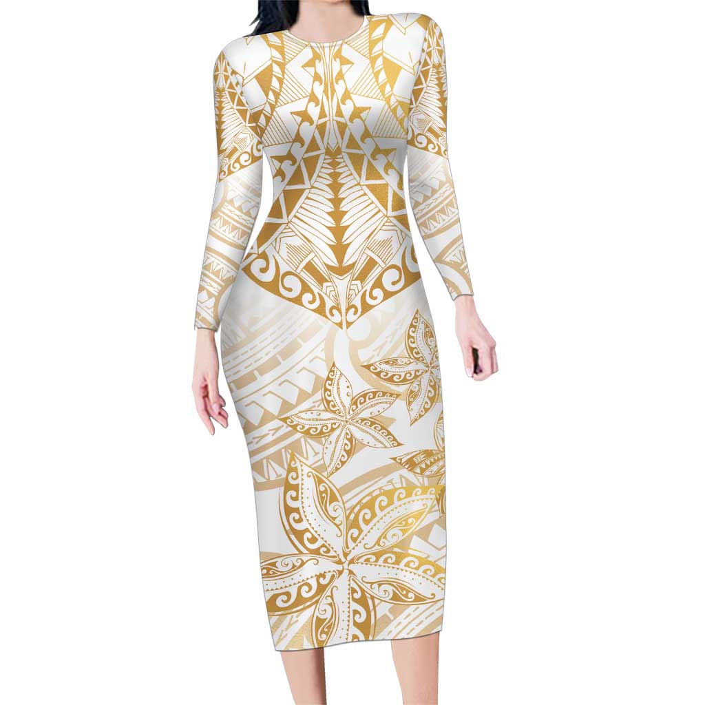 White and Gold Polynesia Family Matching Long Sleeve Bodycon Dress and Hawaiian Shirt Plumeria Tattoo With Polynesian Pattern