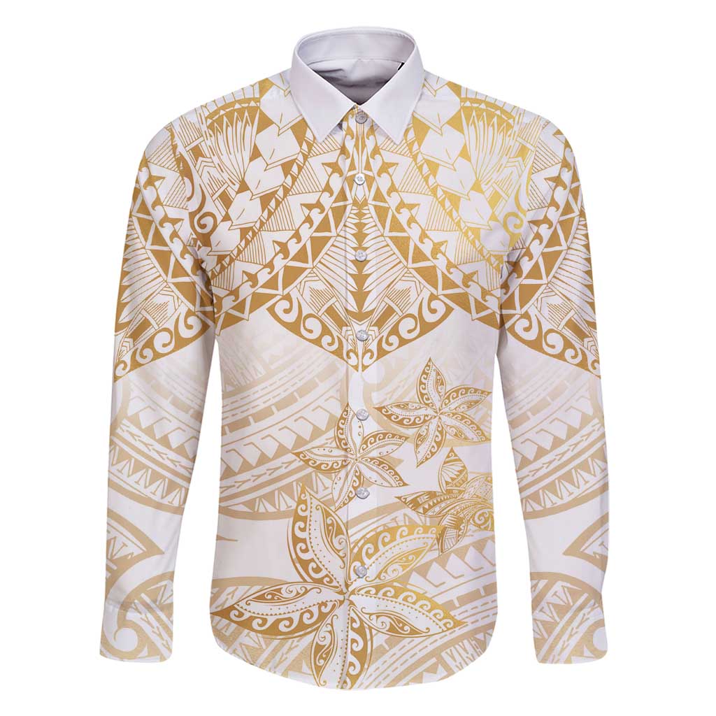 White and Gold Polynesia Family Matching Mermaid Dress and Hawaiian Shirt Plumeria Tattoo With Polynesian Pattern