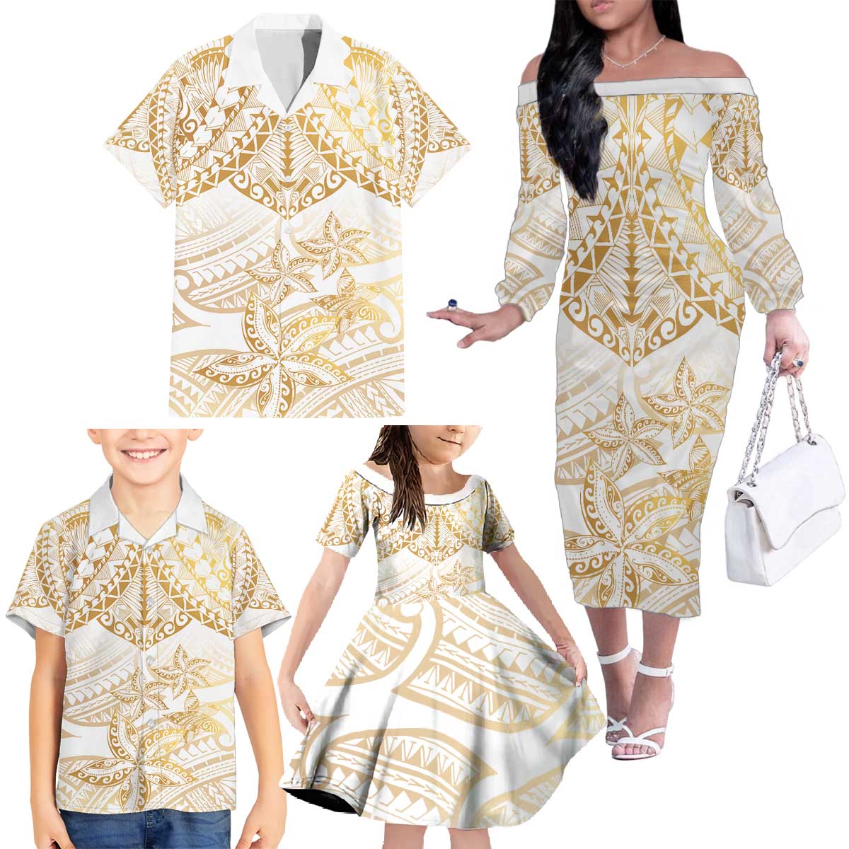 White and Gold Polynesia Family Matching Off The Shoulder Long Sleeve Dress and Hawaiian Shirt Plumeria Tattoo With Polynesian Pattern LT14 - Polynesian Pride