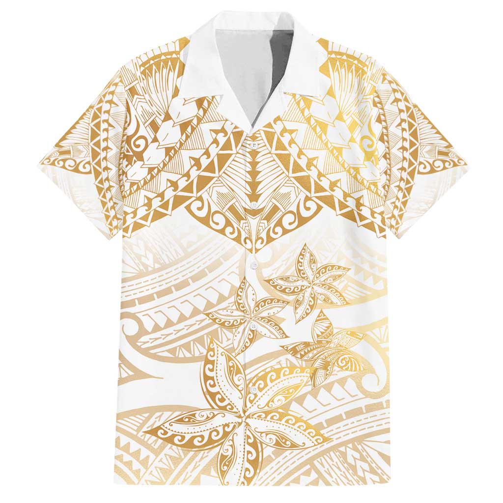 White and Gold Polynesia Family Matching Off Shoulder Maxi Dress and Hawaiian Shirt Plumeria Tattoo With Polynesian Pattern