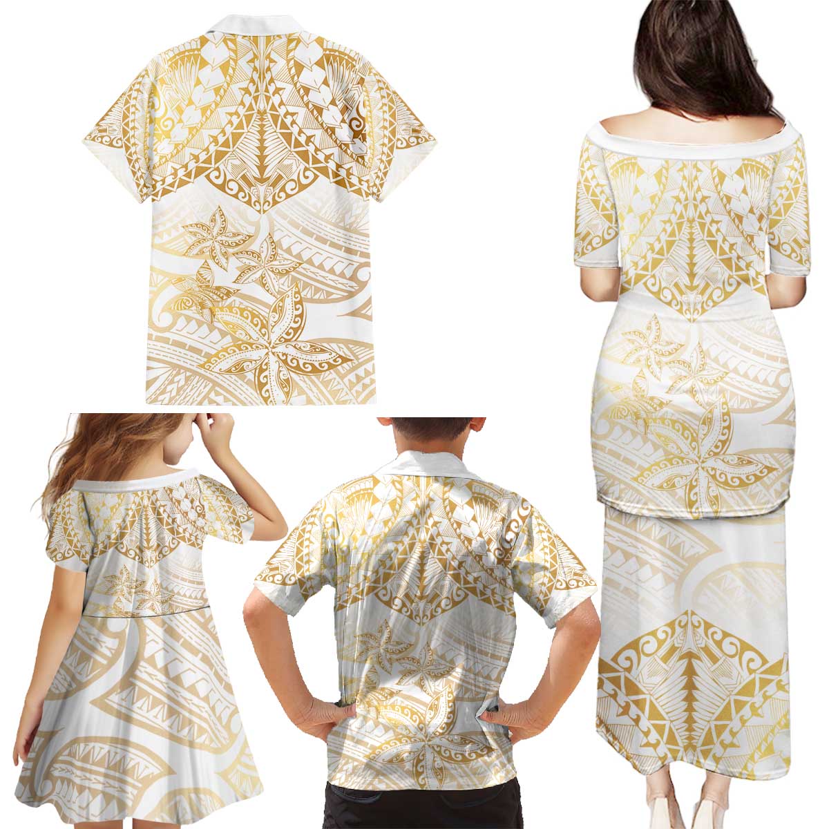 White and Gold Polynesia Family Matching Puletasi and Hawaiian Shirt Plumeria Tattoo With Polynesian Pattern