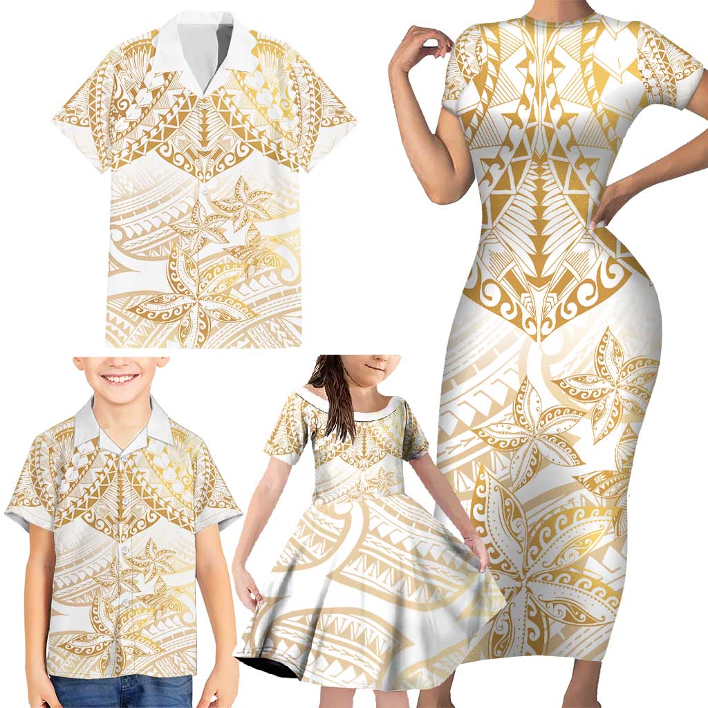 White and Gold Polynesia Family Matching Short Sleeve Bodycon Dress and Hawaiian Shirt Plumeria Tattoo With Polynesian Pattern LT14 - Polynesian Pride