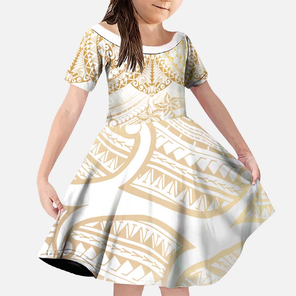White and Gold Polynesia Family Matching Summer Maxi Dress and Hawaiian Shirt Plumeria Tattoo With Polynesian Pattern