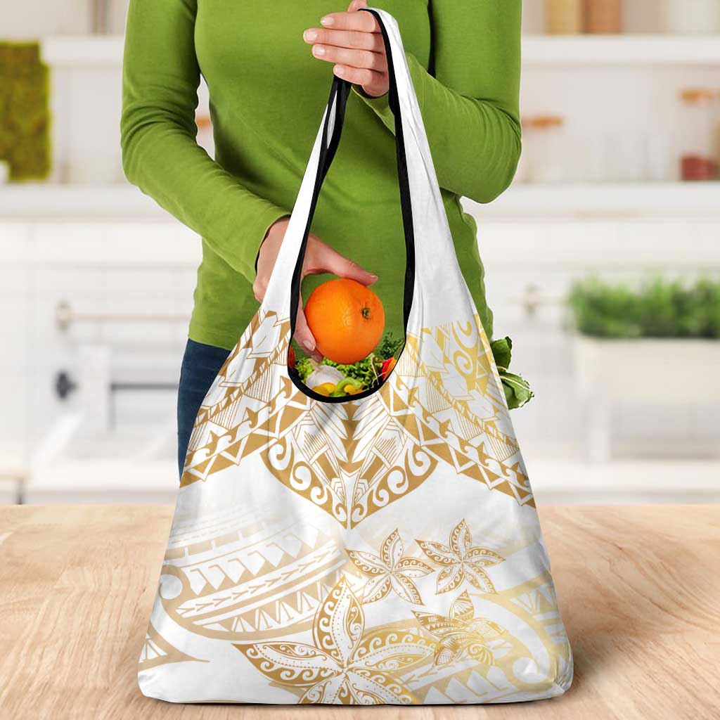 White and Gold Polynesia Grocery Bag Plumeria Tattoo With Polynesian Pattern