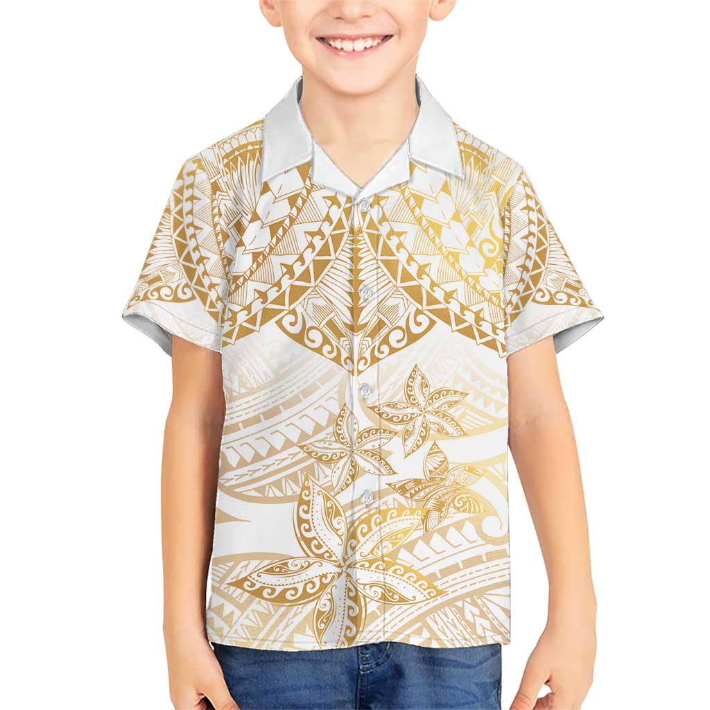 White and Gold Polynesia Kid Hawaiian Shirt Plumeria Tattoo With Polynesian Pattern