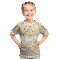 White and Gold Polynesia Kid T Shirt Plumeria Tattoo With Polynesian Pattern