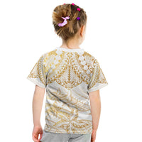 White and Gold Polynesia Kid T Shirt Plumeria Tattoo With Polynesian Pattern