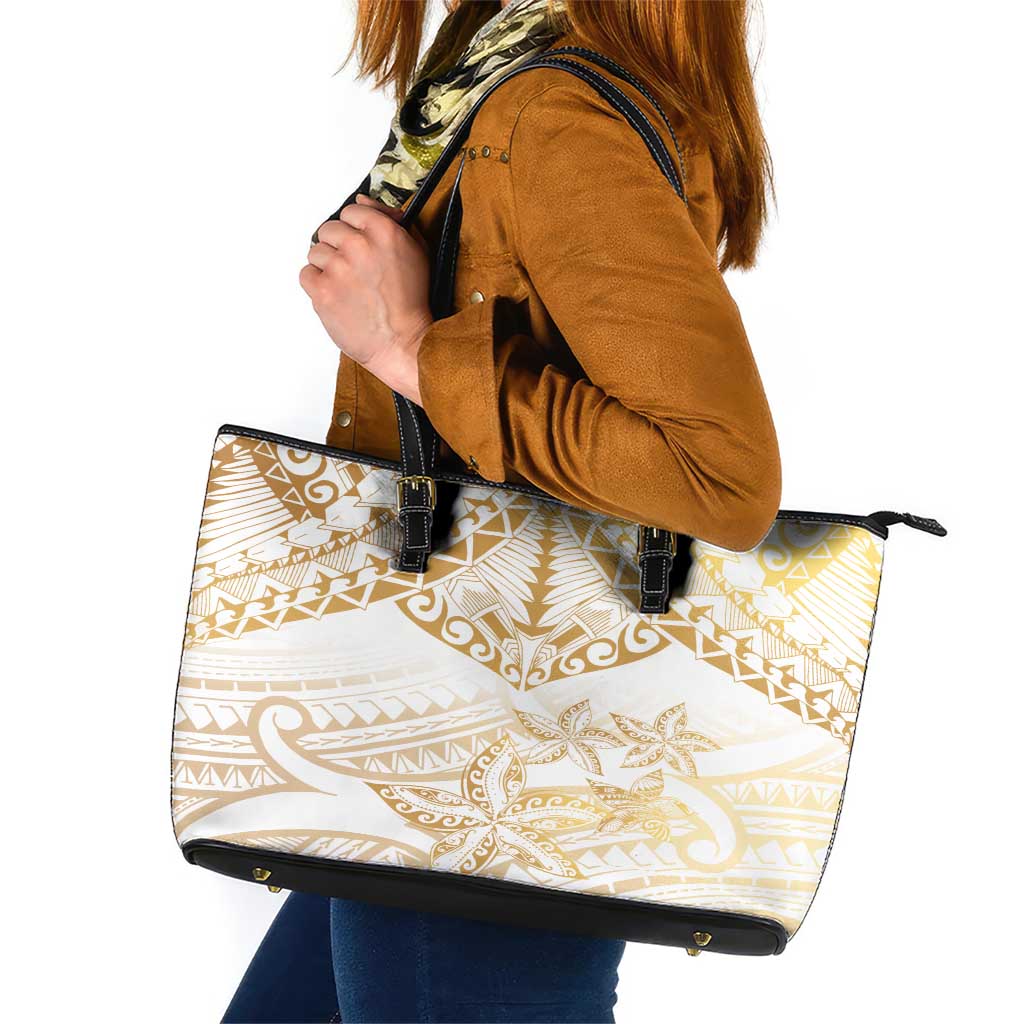 White and Gold Polynesia Leather Tote Bag Plumeria Tattoo With Polynesian Pattern LT14 White - Polynesian Pride