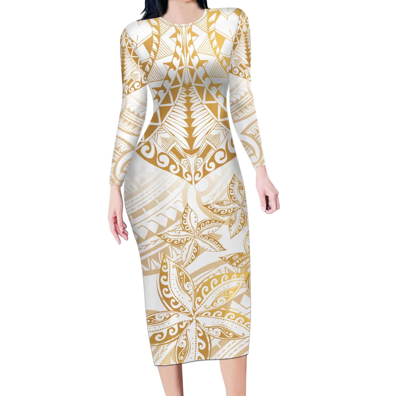 White and Gold Polynesia Long Sleeve Bodycon Dress Plumeria Tattoo With Polynesian Pattern LT14 Long Dress White - Polynesian Pride