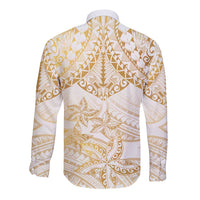 White and Gold Polynesia Long Sleeve Button Shirt Plumeria Tattoo With Polynesian Pattern