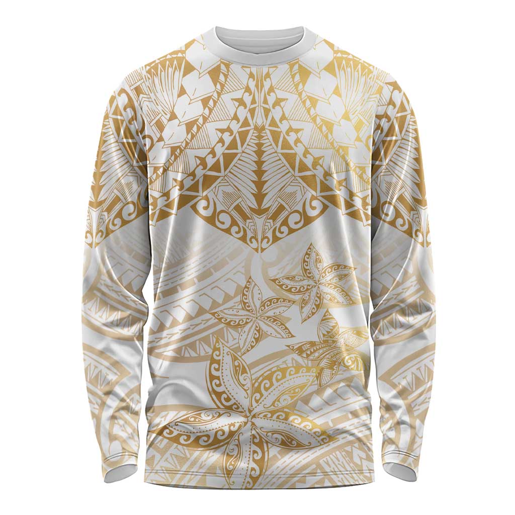 White and Gold Polynesia Long Sleeve Shirt Plumeria Tattoo With Polynesian Pattern LT14 Unisex White - Polynesian Pride
