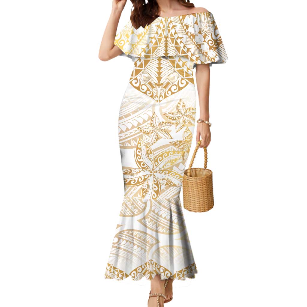 White and Gold Polynesia Mermaid Dress Plumeria Tattoo With Polynesian Pattern LT14 Women White - Polynesian Pride