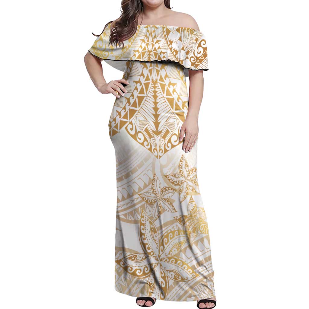 White and Gold Polynesia Off Shoulder Maxi Dress Plumeria Tattoo With Polynesian Pattern LT14 Women White - Polynesian Pride