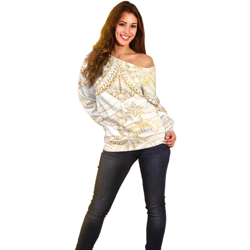White and Gold Polynesia Off Shoulder Sweater Plumeria Tattoo With Polynesian Pattern