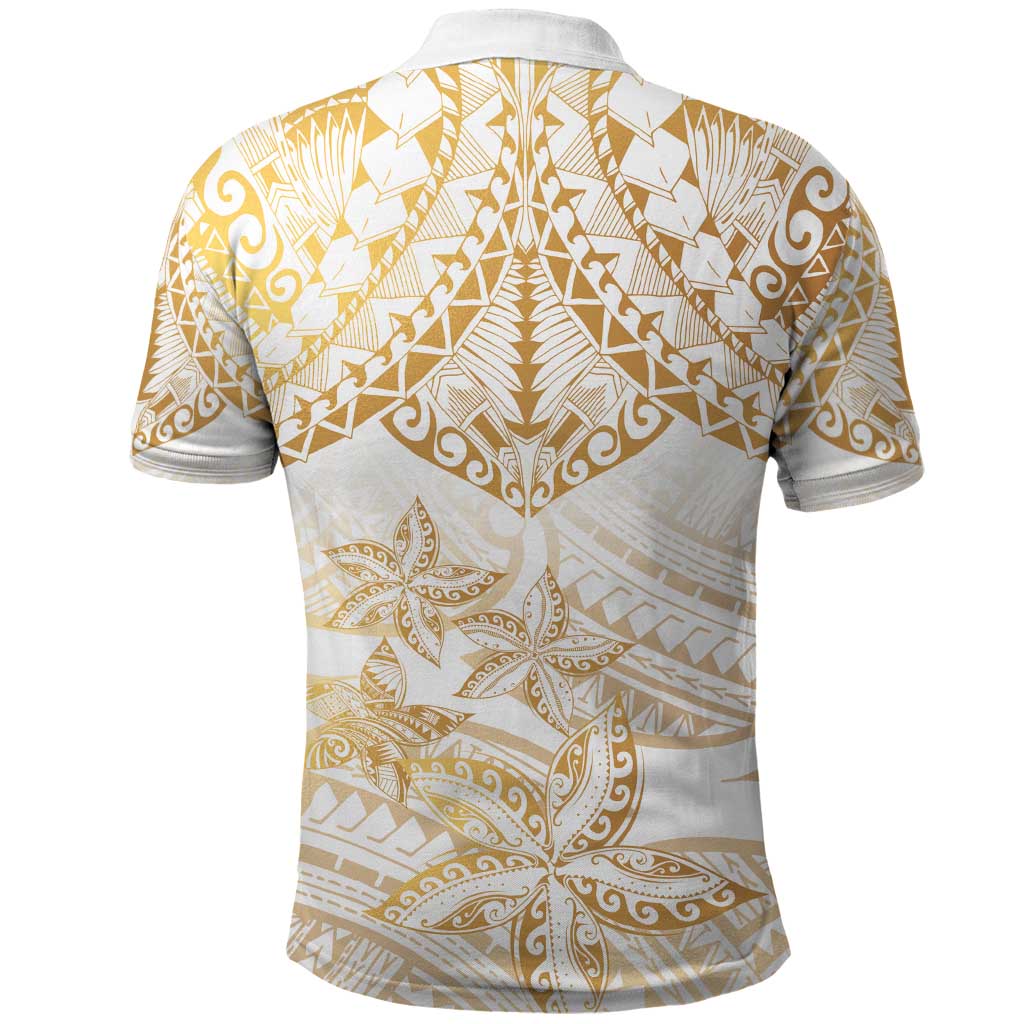 White and Gold Polynesia Polo Shirt Plumeria Tattoo With Polynesian Pattern