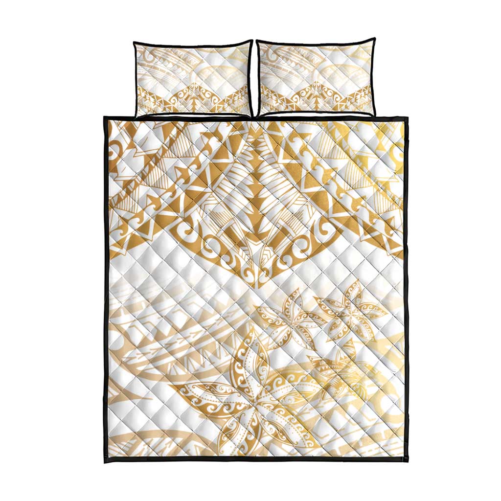 White and Gold Polynesia Quilt Bed Set Plumeria Tattoo With Polynesian Pattern