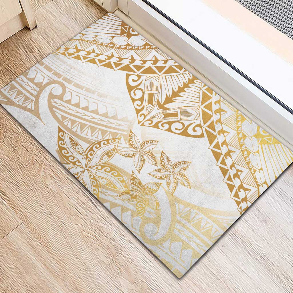 White and Gold Polynesia Rubber Doormat Plumeria Tattoo With Polynesian Pattern