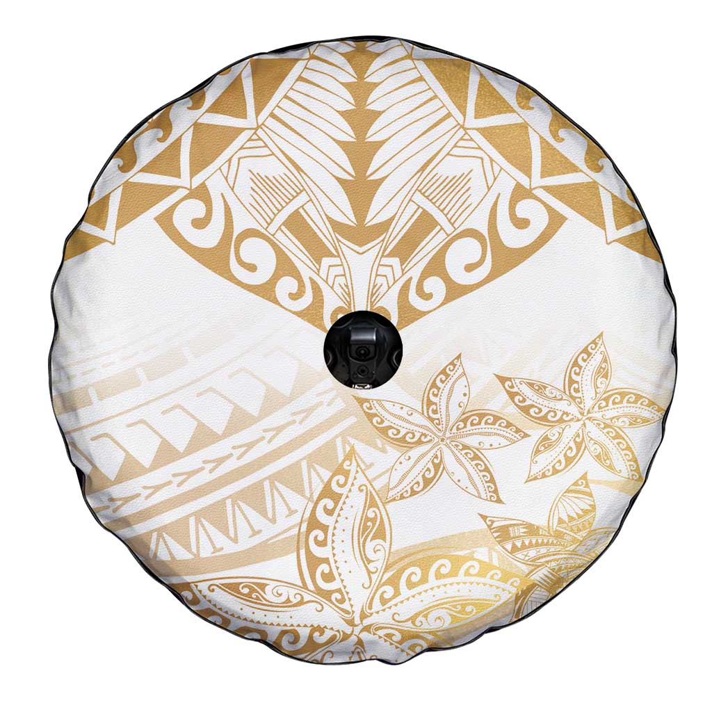 White and Gold Polynesia Spare Tire Cover Plumeria Tattoo With Polynesian Pattern