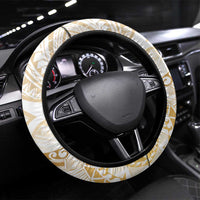 White and Gold Polynesia Steering Wheel Cover Plumeria Tattoo With Polynesian Pattern LT14 Universal Fit White - Polynesian Pride