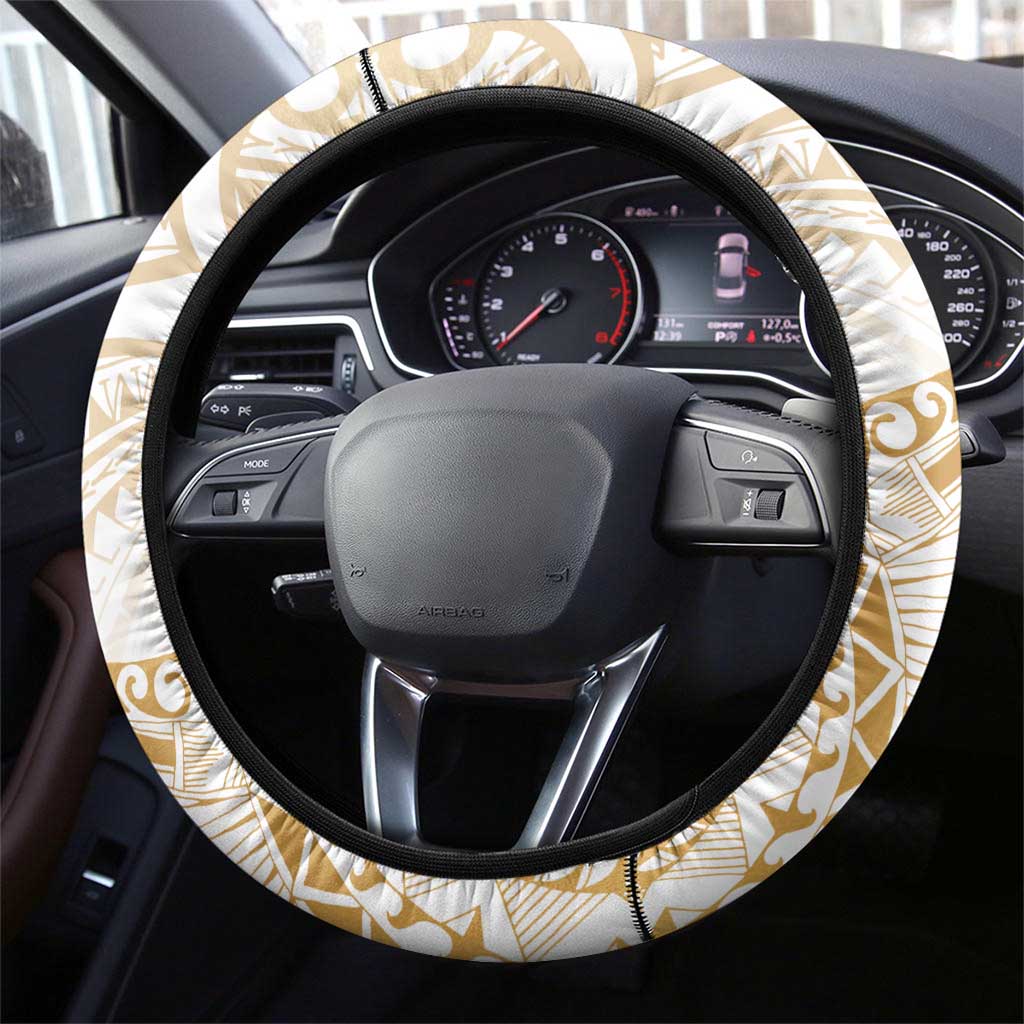 White and Gold Polynesia Steering Wheel Cover Plumeria Tattoo With Polynesian Pattern LT14 - Polynesian Pride